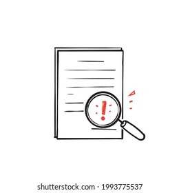hand drawn doodle Exclamation mark magnifying glass on business document illustration vector isolated