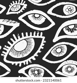 Hand drawn doodle eye pattern, textured monochrome seamless vector pattern. For design, print, fabric, clothing, wallpaper, paper, etc.