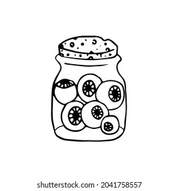 Hand drawn doodle eyes in jar. Vector creepy illustration for Halloween. Bottle with eyes. Outline.