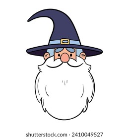 Hand drawn doodle face of wizard with beard and hat isolated on white background. Vector illustration.