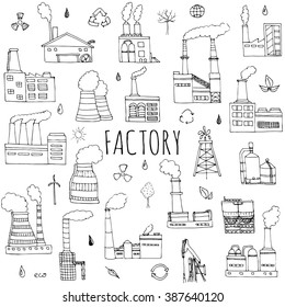 Hand drawn doodle Factory set. Vector illustration Sketchy cartoon Industrial building icons. Manufacture, Oil drill, Eco refinery concept, Pipe with smoke, Pollution, Recycling, Tree, Plant, Leaves