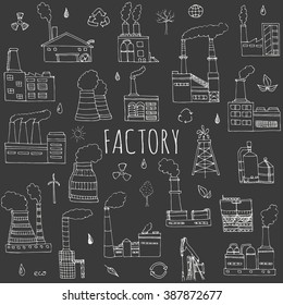 Hand drawn doodle Factory set. Vector illustration Sketchy cartoon Industrial building icons. Manufacture, Oil drill, Eco refinery concept, Pipe with smoke, Pollution, Recycling, Tree, Plant, Leaves