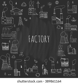 Hand drawn doodle Factory set. Vector illustration Sketchy cartoon Industrial building icons. Manufacture, Oil drill, Eco refinery concept, Pipe with smoke, Pollution, Recycling, Tree, Plant, Leaves
