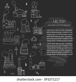 Hand drawn doodle Factory set. Vector illustration Sketchy cartoon Industrial building icons. Manufacture, Oil drill, Eco refinery concept, Pipe with smoke, Pollution, Recycling, Tree, Plant, Leaves