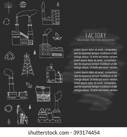 Hand drawn doodle Factory set Vector illustration Sketchy cartoon Industrial factory icons Factory building Manufacture building Eco concept Pipe with smoke Pollution Recycling Tree Plant Leaves
