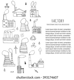 Hand drawn doodle Factory set Vector illustration Sketchy cartoon Industrial factory icons Factory building Manufacture building Eco concept Pipe with smoke Pollution Recycling Tree Plant Leaves