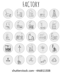 Hand drawn doodle Factory set. Vector illustration Sketchy cartoon Industrial building icons. Manufacture, Oil drill, Eco refinery concept, Pipe with smoke, Pollution, Recycling, Tree, Plant, Leaves