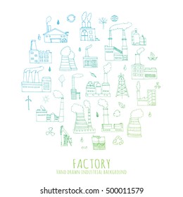 Hand drawn doodle Factory set Vector illustration Sketchy cartoon Industrial factory icons Factory building Manufacture building Eco concept Pipe with smoke Pollution Recycling Tree Plant Leaves