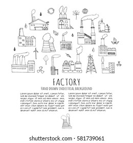 Hand drawn doodle Factory set Vector illustration Sketchy cartoon Industrial icons Factory building Manufacture architecture Eco concept Pipe with smoke Pollution Recycling Tree Plant Leaves