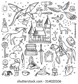 Hand Drawn Doodle Fairy Tale Set. Vector Illustration For Textile Prints, Web And Graphic Design, Covers, Posters