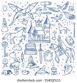 Hand drawn doodle fairy tale set on squared paper. Vector illustration for textile prints, web and graphic design, covers, posters