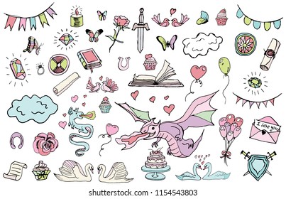 Hand drawn doodle fairytale set isolated on white for invitation, greeting card, coloring book, textile print.