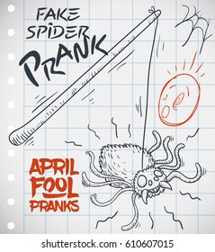 Hand drawn doodle of fake spider prank for a funny April Fools' Day over a notebook paper.