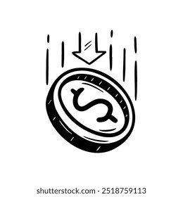 Handgezeichnetes Doodle einer fallenden Dollarmünze mit einem Abwärtspfeil. Symbol im Skizzenstil, das einen finanziellen Rückgang, eine Kostenreduzierung oder einen Preisverfall darstellt. Perfekt für Geschäfts-, Finanz- und Wirtschaftsillustrationen