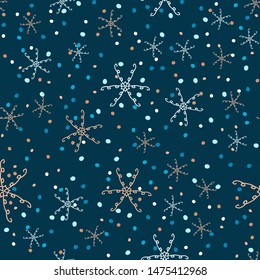 Hand drawn doodle falling snowflakes, seamless pattern.