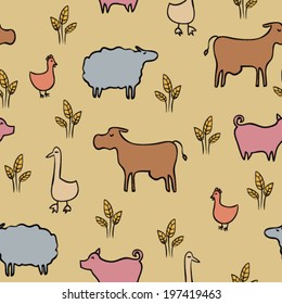 hand drawn doodle farm animals and birds, colorful childish seamless pattern
