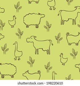 hand drawn doodle farm animals and birds, childish seamless pattern