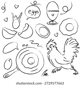 Fazenda de Doodle desenhada à mão com galo, ovos e elementos de frango
