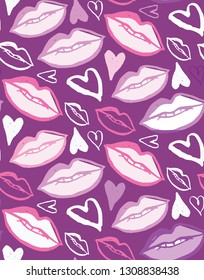 Hand drawn doodle fashion art pattern background - love, heart, kissing lips design.