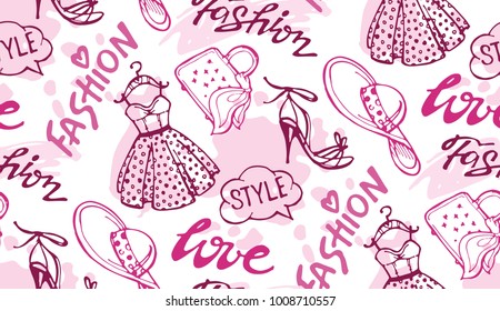 Hand drawn doodle fashion pattern. Fashion set