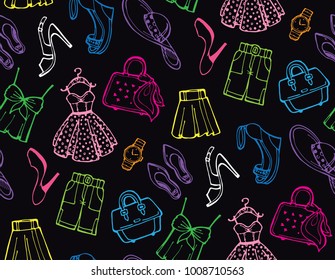 Hand drawn doodle fashion pattern. Fashion set