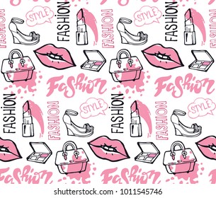 Hand drawn doodle fashion pattern. Red lips, lettering.