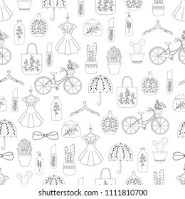 Hand drawn doodle fashion seamless pattern . Women clothes and accessories .Fashion girl .