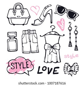 Hand drawn doodle fashion set