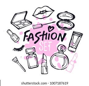 Hand drawn doodle fashion set