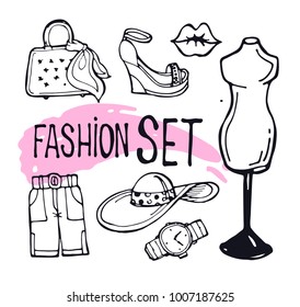 Hand drawn doodle fashion set