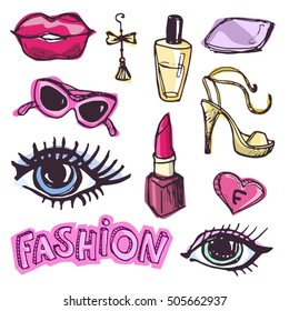 Hand drawn doodle fashion set. Beauty vector set. Vector illustration.