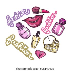 Hand drawn doodle fashion set. Beauty vector set. Vector illustration.