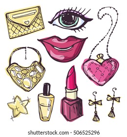 Hand drawn doodle fashion set. Beauty vector set. Vector illustration.