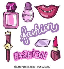 Hand drawn doodle fashion set. Beauty vector set. Vector illustration.