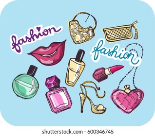 Hand drawn doodle fashion set. Beauty vector set. Vector illustration.