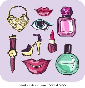 Hand drawn doodle fashion set. Beauty vector set. Vector illustration.