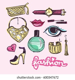 Hand drawn doodle fashion set. Beauty vector set. Vector illustration.