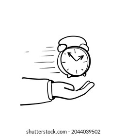 hand drawn doodle fast clock on hand symbol for time value icon illustration vector