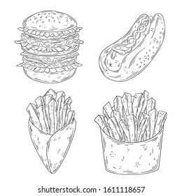 Hand drawn doodle fast food set. Burger, Hotdog, French Fries. Vector illustration isolated on white background.