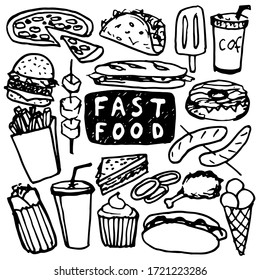 Hand drawn doodle fast food elements, isolated on white background. Outlined vector illustration.