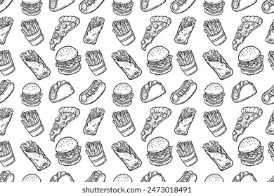 Hand Drawn Doodle Fast Food Seamless Pattern. Burger, Taco, Pizza, French Fries, Hot Dog, Burrito.