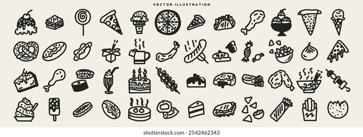 Hand drawn doodle fast food illustrations. Cartoon Restaurant icon sets. Meat, chicken, pastry, dessert, Asian, dimsum, pizza, ice cream, donut, cake, fried food, chips, taco, kebab, sushi. Vector.