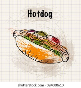 Hand drawn doodle fast food. Colorful hot dog with paint splashes on school notebook checked paper. Bright vector illustration for menu background.