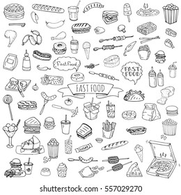 Hand Drawn Doodle Fast Food Icons Set. Vector Illustration. Junk Food Elements Collection. Cartoon Snack Various Sketch Symbol: Soda, Burger, Potato,hot Dog, Pizza, Tacos, Sweet Desert, Donut, Popcorn