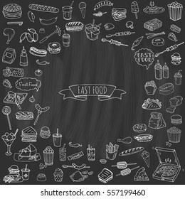 Hand drawn doodle Fast food icons set. Vector illustration. Junk food elements collection. Cartoon snack various sketch symbol: soda, burger, potato,hot dog, pizza, tacos, sweet desert, donut, popcorn