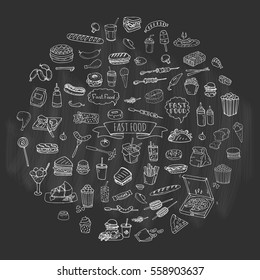 Hand drawn doodle Fast food icons set. Vector illustration. Junk food elements collection. Cartoon snack various sketch symbol: soda, burger, potato,hot dog, pizza, tacos, sweet desert, donut, popcorn