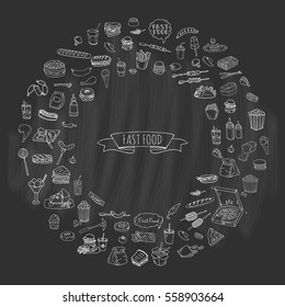 Hand drawn doodle Fast food icons set. Vector illustration. Junk food elements collection. Cartoon snack various sketch symbol: soda, burger, potato,hot dog, pizza, tacos, sweet desert, donut, popcorn
