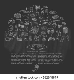 Hand drawn doodle Fast food icons set. Vector illustration. Junk food elements collection. Cartoon snack various sketch symbol: soda, burger, potato,hot dog, pizza, tacos, sweet desert, donut, popcorn