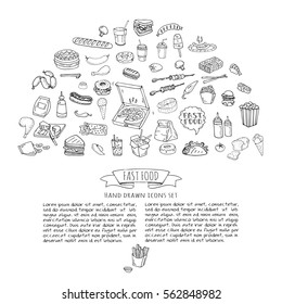 Hand drawn doodle Fast food icons set. Vector illustration. Junk food elements collection. Cartoon snack various sketch symbol: soda, burger, potato,hot dog, pizza, tacos, sweet desert, donut, popcorn
