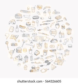 Hand drawn doodle Fast food icons set. Vector illustration. Junk food elements collection. Cartoon snack various sketch symbol: soda, burger, potato,hot dog, pizza, tacos, sweet desert, donut, popcorn